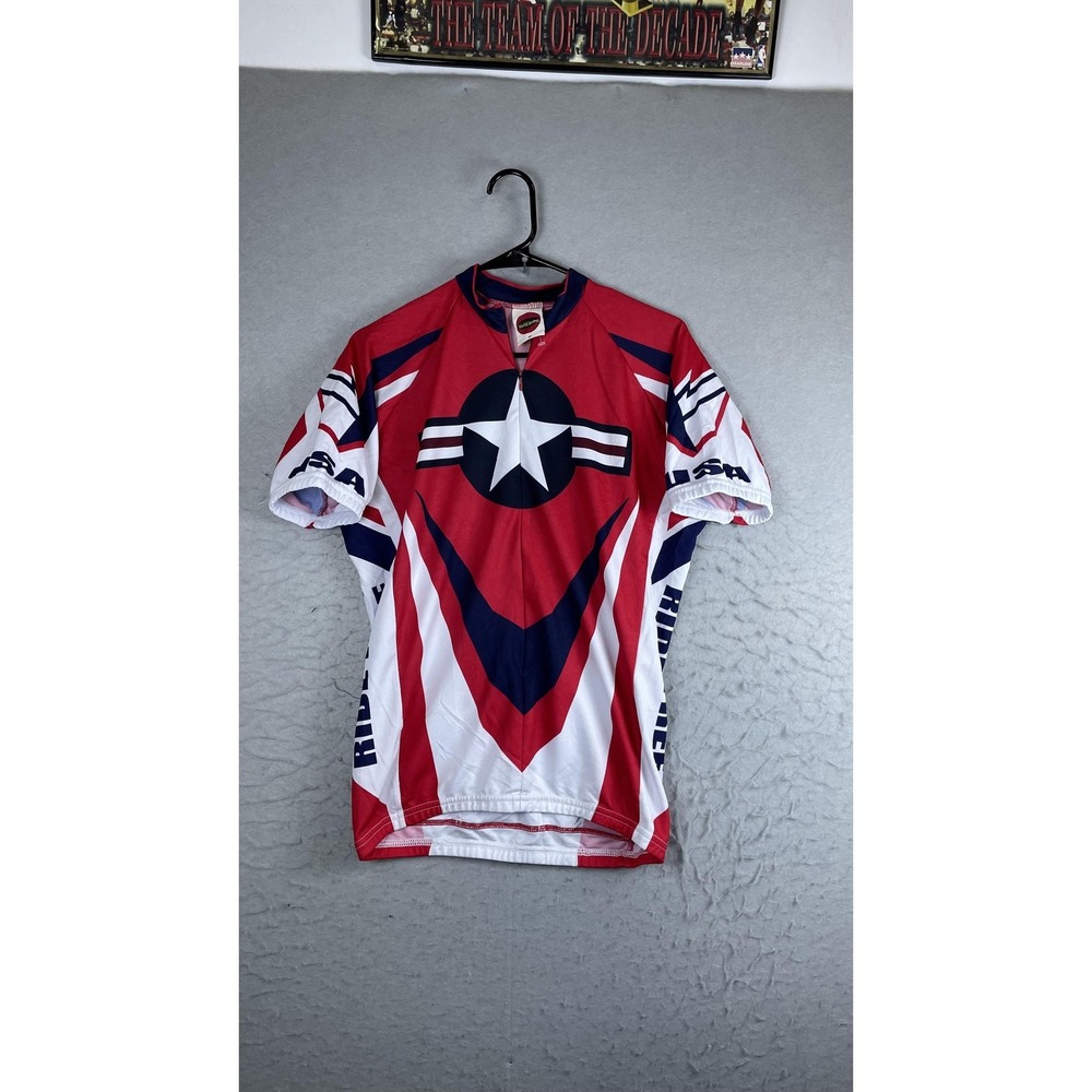 World Jerseys Cycling Jersey Mens Medium Red‎ USA Ride Free Star 1/4 Zip Top